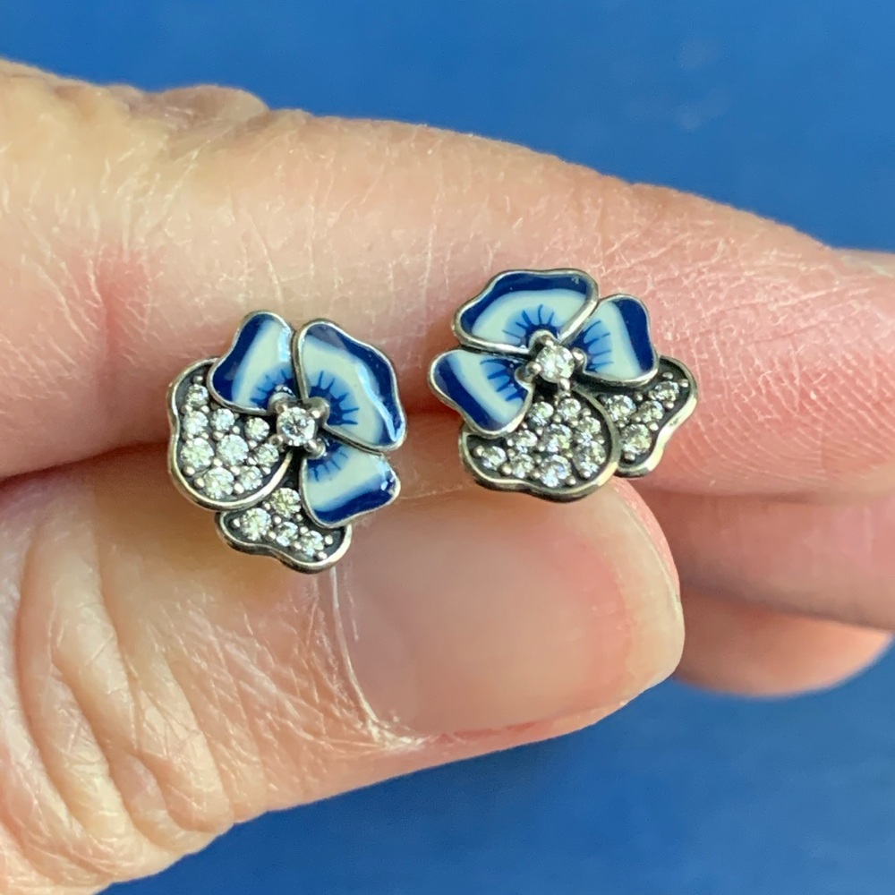 Stud Earrings Pansy Flowers Blue White Enamel CZ stones Sterling Silver .925